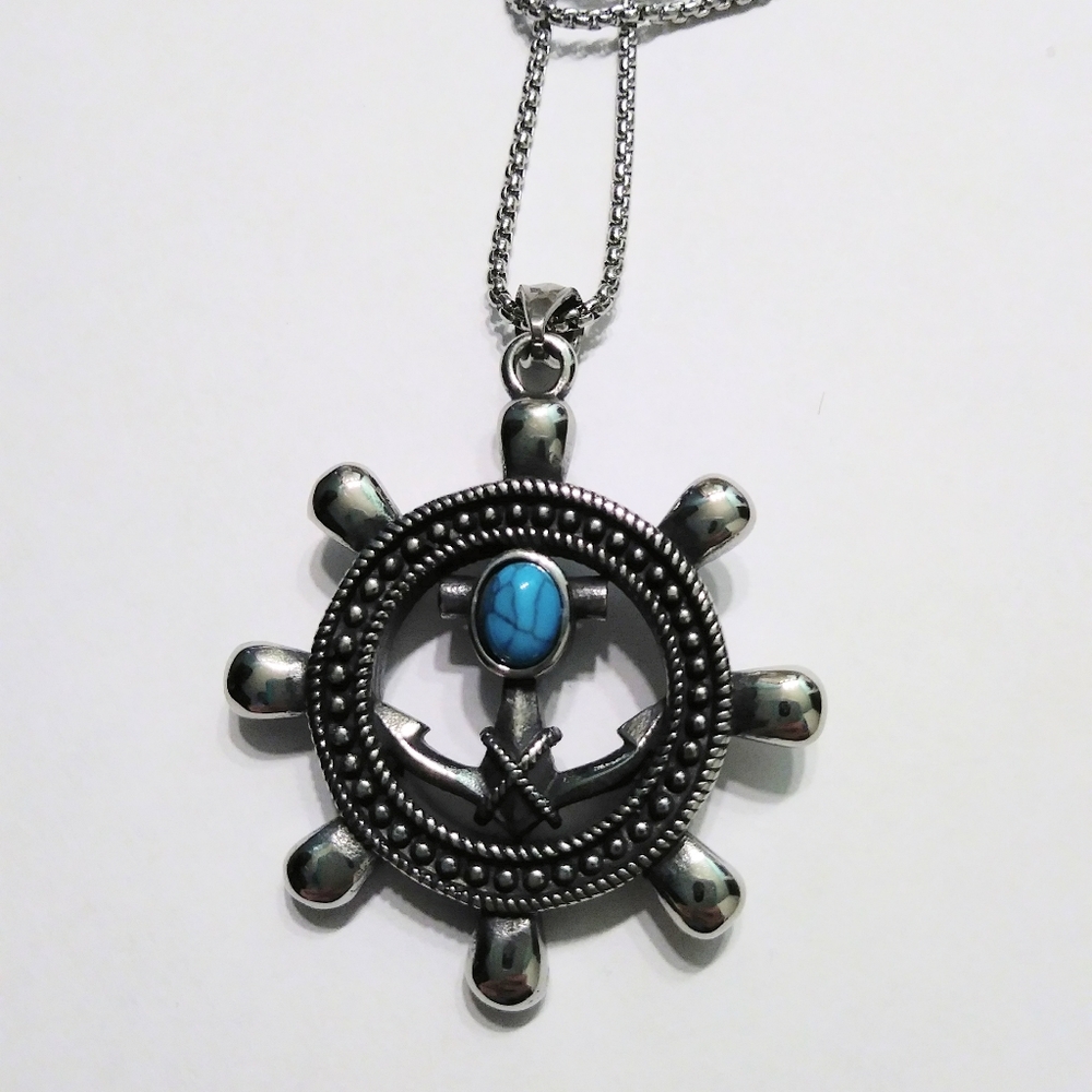 Stainless Ships Wheel & Anchor Necklace